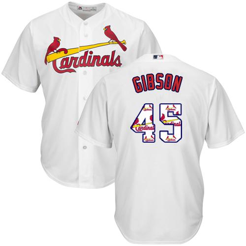 Cardinals #45 Bob Gibson White Team Logo Fashion Stitched MLB Jersey - Click Image to Close